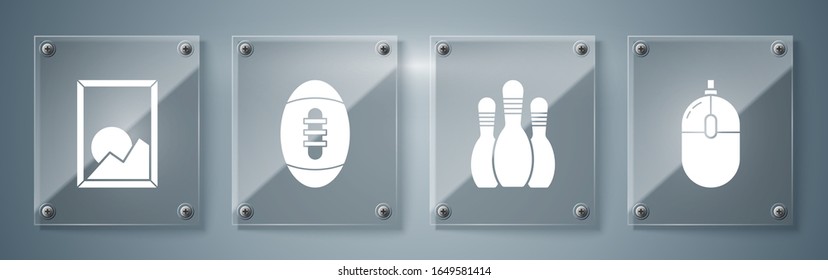 Set Computer mouse, Bowling pin, American Football ball and Picture landscape. Square glass panels. Vector