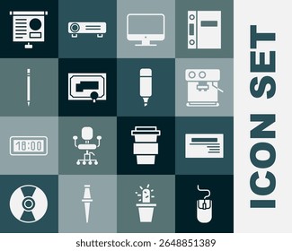 Set Computer mouse, Business card, Coffee machine, monitor screen, Certificate template, Pencil with eraser, Chalkboard diagram and Marker pen icon. Vector