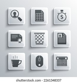 Establece el ratón de PC, Calendario, Reanudar, Bastón de Basura, Café, Plantilla de certificado, Vidrio de ampliación para personas que buscan y el tiempo es un icono de dinero. Vector