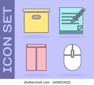 Set Computer mouse, Carton cardboard box, Envelope and Blank notebook and pencil with eraser icon. Vector