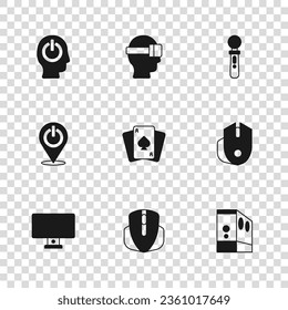 Set Computer mouse, Case of computer, Playing cards, VR controller game, Power button, Virtual reality glasses and  icon. Vector