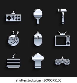 Set Computer mouse, Chef hat, Gamepad, Television, Cake, Yarn ball with knitting needles, Hammer and  icon. Vector