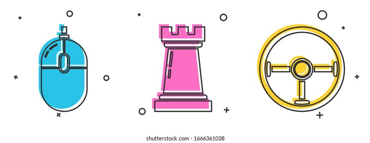 Set Computer mouse, Chess symbol and Steering wheel icon. Vector