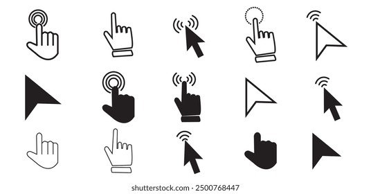 Set of Computer mouse click cursor icons flat styles with editable stock. Load symbols. Modern vectors for web sites or mobile apps. Arrows and hands click designs isolated on transparent background.