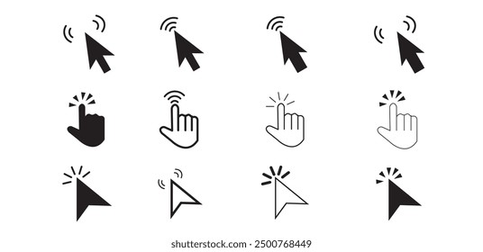 Set of Computer mouse click cursor icons flat styles with editable stock. Load symbols. Modern vectors for web sites or mobile apps. Arrows and hands click designs isolated on transparent background.