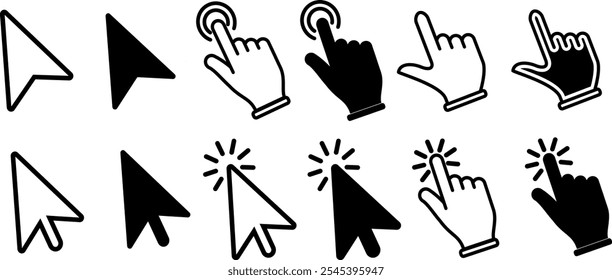 Conjunto de cursores del Hacer clic del ratón del ordenador con iconos de flecha gris y símbolos de carga. Ilustración vectorial.