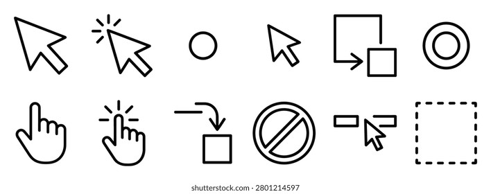 Set of computer mouse cursor icons showing pointer, click, hand, drag, and selection actions in black outline style on transparent background