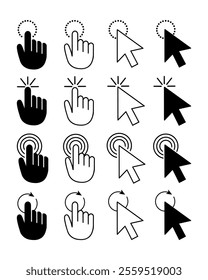 Set of computer mouse cursor pointers. Mouse cursor click icons. Pointer cursor arrow and hand. Vector illustration