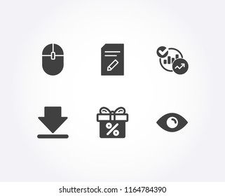 Set of Computer mouse, Downloading and Statistics icons. Edit document, Discount offer and Eye signs. Pc equipment, Load information, Report charts. Page with pencil, Gift box, View or vision. Vector