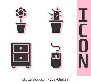 Set Computer mouse, Flower in pot, Drawer with documents and Cactus and succulent in pot icon. Vector