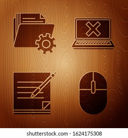 Set Computer mouse, Folder settings with gears, Blank notebook and pen and Laptop and cross mark on screen on wooden background. Vector