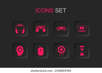 Set Computer mouse, Game controller or joystick, Headphones, rating with medal, monitor, Old hourglass,  and Power button icon. Vector