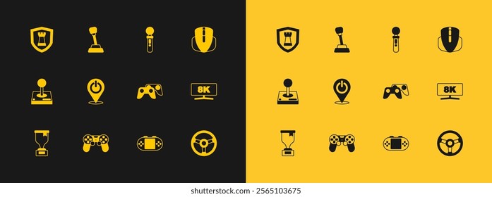 Set Computer mouse, Game controller or joystick, Portable video game console, Power button, VR, Chess shield and Gear shifter icon. Vector