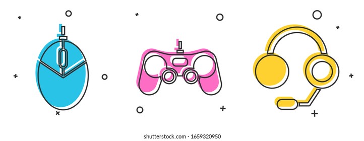 Set Computer mouse gaming, Gamepad and Headphones icon. Vector