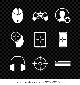 Establecer juegos de ratón para computadoras, Gamepad, Premium crear pantalla de cuenta, Auriculares, Deportes de destino, consola de videojuegos, concepto de caza e icono de Tablet. Vector