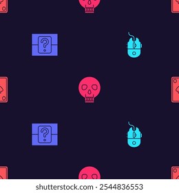 Set Computer mouse gaming, Mystery or random box, Skull and Playing card with diamonds on seamless pattern. Vector