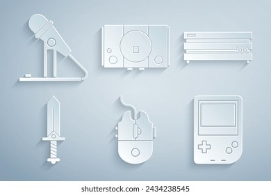 Configurar el juego del ratón del ordenador, la consola de videojuegos, la espada para, el vídeo portátil y el icono del micrófono. Vector