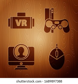 Set Computer mouse gaming, Virtual reality glasses, Create account screen and Game console with joystick on wooden background. Vector
