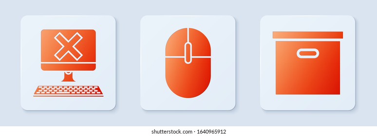 Set Computer mouse, Computer with keyboard and x mark and Carton cardboard box. White square button. Vector