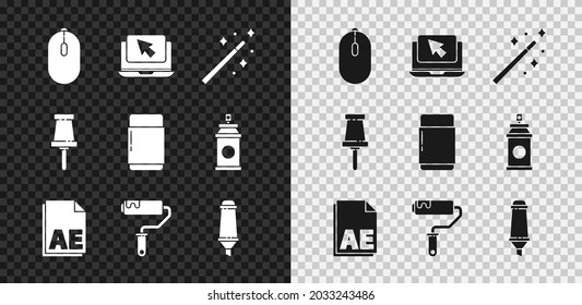 Set Computer mouse, Laptop and cursor, Magic wand, AE file document, Paint roller brush, Marker pen, Push pin and Eraser rubber icon. Vector