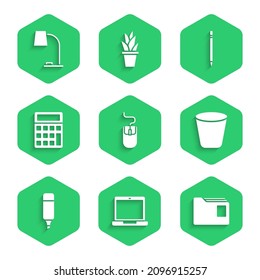 Set Computer mouse, Laptop, Document folder, Trash can, Marker pen, Calculator, Pencil with eraser and Table lamp icon. Vector