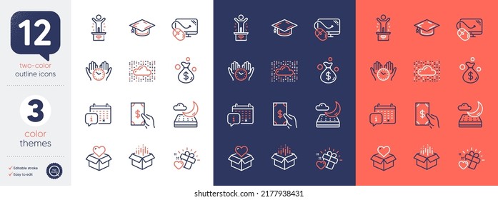 Set of Computer mouse, Love gift and Calendar line icons. Include Winner podium, Donation, Safe time icons. Night mattress, Receive money, Cloud system web elements. Money bag. Vector