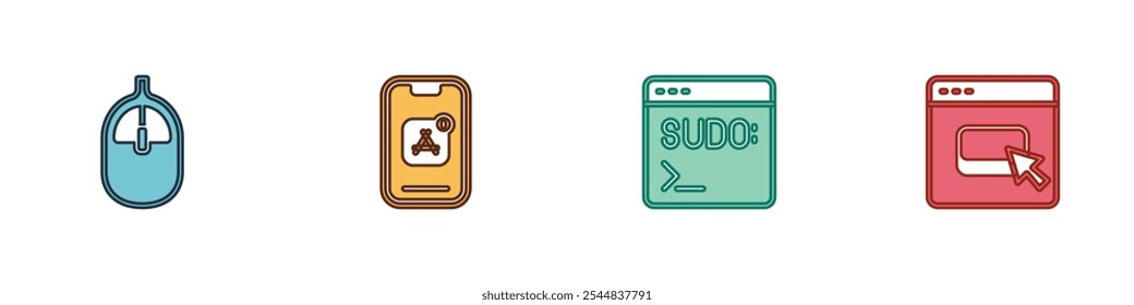 Set Computer mouse, Mobile Apps, Code terminal and Browser files icon. Vector