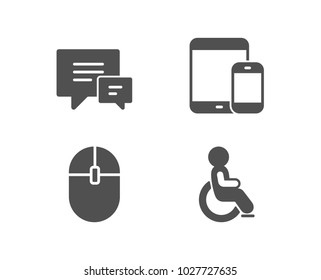 Set of Computer mouse, Mobile devices and Comment icons. Disabled sign. Pc equipment, Smartphone with tablet, Talk bubbles. Handicapped wheelchair.  Quality design elements. Classic style. Vector