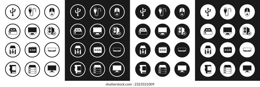 Set Computer mouse, monitor screen, cooler, USB, Case of computer, cable cord, Laptop and Uninterruptible power supply icon. Vector
