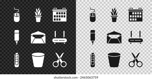 Set Computer mouse, Plant in pot, Calendar, Stationery knife, Trash can, Scissors, Marker pen and Envelope icon. Vector