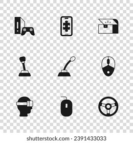 Set Computer mouse, Racing simulator, Microphone, Chest for game, Game console with joystick, Mobile gaming and Gear shifter icon. Vector