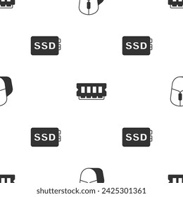 Set Computer mouse, RAM, random access memory and SSD card on seamless pattern. Vector