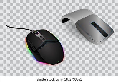 set of computer mouse realistic or mouse with scroll and click optical technology or mice device illustration on transparent background. eps 10 vector, easy to modify