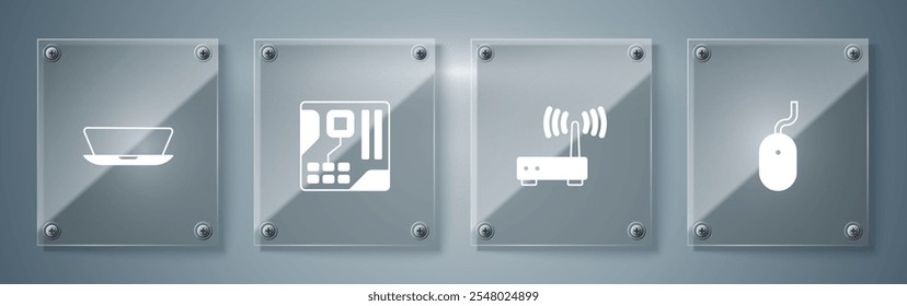 Ajuste o mouse do computador, o roteador e o sinal wi-fi, o chip digital da motherboard e o laptop. Painéis de vidro quadrados. Vetor