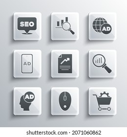 Set Computer mouse, Shopping cart, Magnifying glass and analysis, Document with graph chart, Advertising, SEO optimization and  icon. Vector