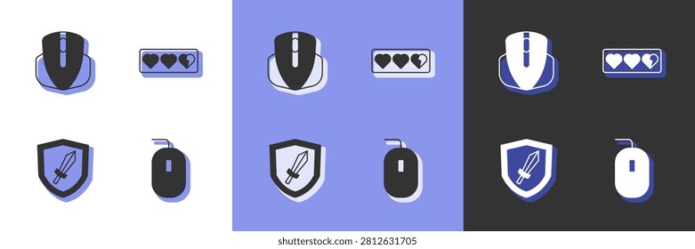 Set Computer mouse, Sword for game and Game life bar icon. Vector