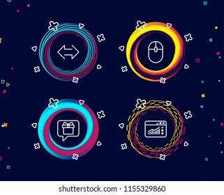 Set of Computer mouse, Sync and Wish list icons. Web traffic sign. Pc equipment, Synchronize, Present box. Website window.  Circle banners with line icons. Gradient colors shapes. Vector
