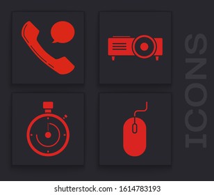Set Computer mouse, Telephone handset and speech bubble chat, Presentation, movie, film, media projector and Briefcase icon. Vector