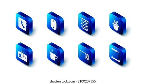 Set Computer mouse, Trash can, Plant in pot, Table lamp, Office desk, Coffee cup, Identification badge and Address book icon. Vector