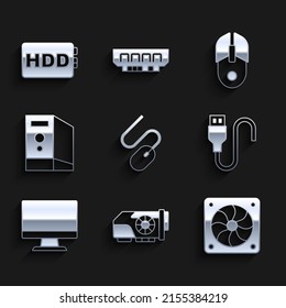 Set Computer mouse, Video graphic card, cooler, USB cable cord, monitor screen, Case of computer,  and Hard disk drive HDD icon. Vector