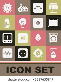 Set Computer mouse, Washer, Laptop, Inductor in electronic circuit, Creative lamp light idea, Battery charge, No lightning and Ohmmeter icon. Vector