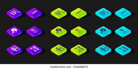 Set Computer with music note, Guitar amplifier, DJ playing, Sound mixer controller,  and Drum drum sticks icon. Vector