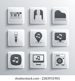 Set Computer with music note, Guitar amplifier, Music tone, Location musical, Microphone, synthesizer and Grand piano icon. Vector