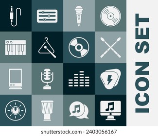 Set Computer with music note, Guitar pick, Drum sticks, Microphone, Triangle musical instrument, Music synthesizer, Audio jack and CD or DVD disk icon. Vector