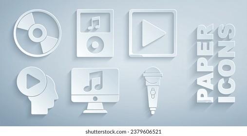 Set Computer with music note, Play in square, Head people play button, Microphone, Music player and CD or DVD disk icon. Vector