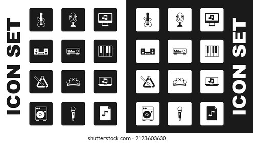 Set Computer with music note, Sound mixer controller, Home stereo two speakers, Electric bass guitar, Music synthesizer, Microphone, Laptop and Triangle musical instrument icon. Vector