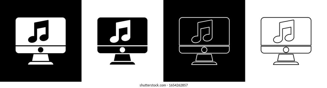 Stellen Sie Computer mit einem Symbol für Musiktitel auf dem Bildschirm ein, einzeln auf schwarz-weißem Hintergrund. Vektorillustration-Illustration