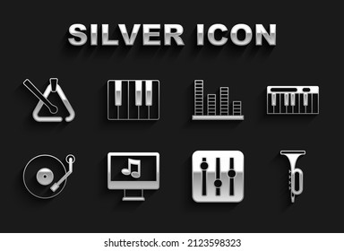 Set Computer with music note, Music synthesizer, Trumpet, Sound mixer controller, Vinyl player, equalizer, Triangle musical instrument and  icon. Vector