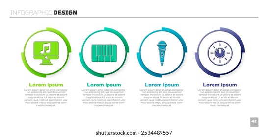 Set Computadora con nota de música, sintetizador de música, micrófono y Configuraciones de tecnología de nivel de botón de dial. Plantilla de infografía de negocios. Vector