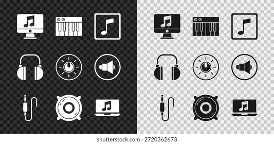 Ordenador con nota de música, sintetizador de música, tono, conector de audio, altavoz estéreo, ordenador portátil, auriculares y botón de nivel de marcación icono de Configuraciones de tecnología. Vector